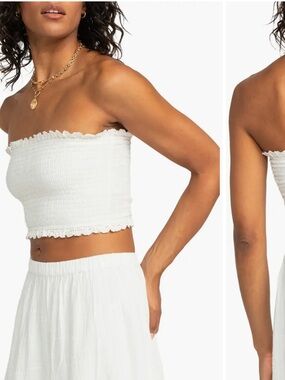 NWT Roxy Warm Waters White Eyelet Smocked Tube Top with Crochet Trim, Size L